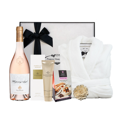 Rosé, luxury plush bathrobe and Glasshouse hand cream packaged in a beautiful Pamper Hamper Gifts hamper box