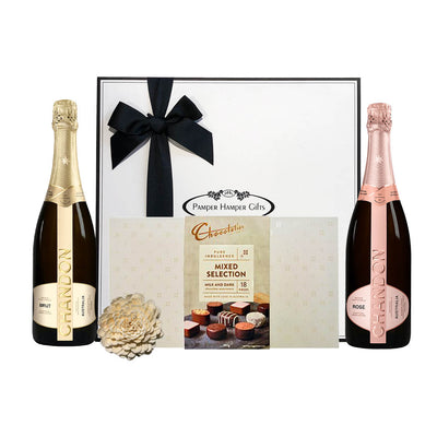 Chandon Brut NV Sparkling wine. Chandon Rose NV Sparkling wine and Chocolatier box of chocolates